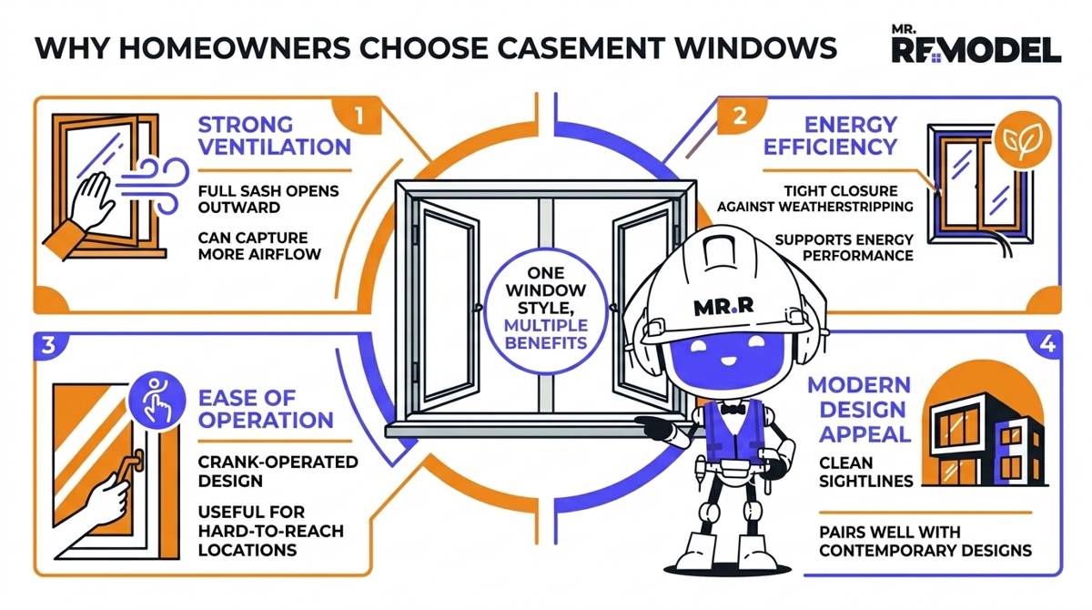 Feature-benefit infographic highlighting the most common reasons homeowners select casement windows.
